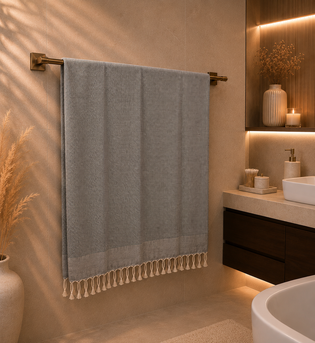 Großes Sauna Badetuch 90x180 cm aus Bio-Baumwolle – Handgewebtes Hamam Tuch schwarz/weiß | Pamura Home