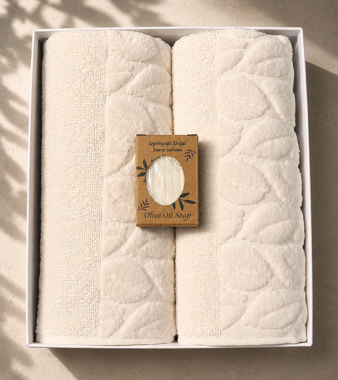 Luxury Baumwoll Handtuch Set (2er) mit Olivenöl-Seife – Spa Gefühl für Zuhause