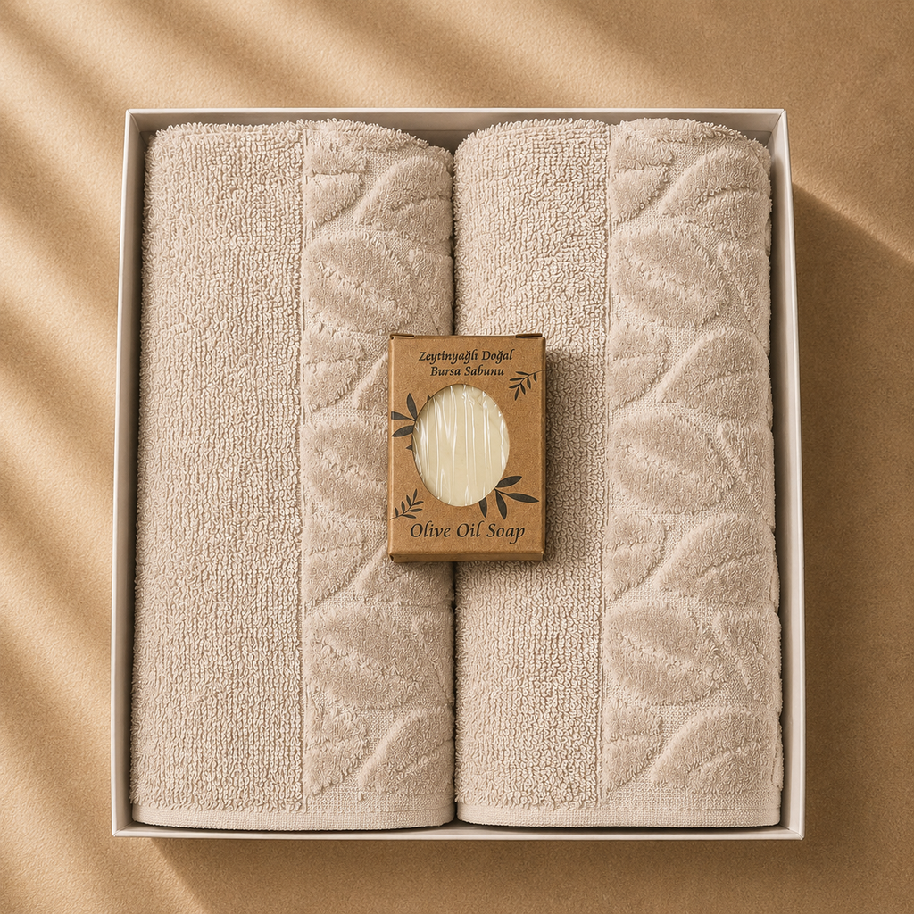 Luxury Baumwoll Handtuch Set (2er) mit Olivenöl-Seife – Spa Gefühl für Zuhause