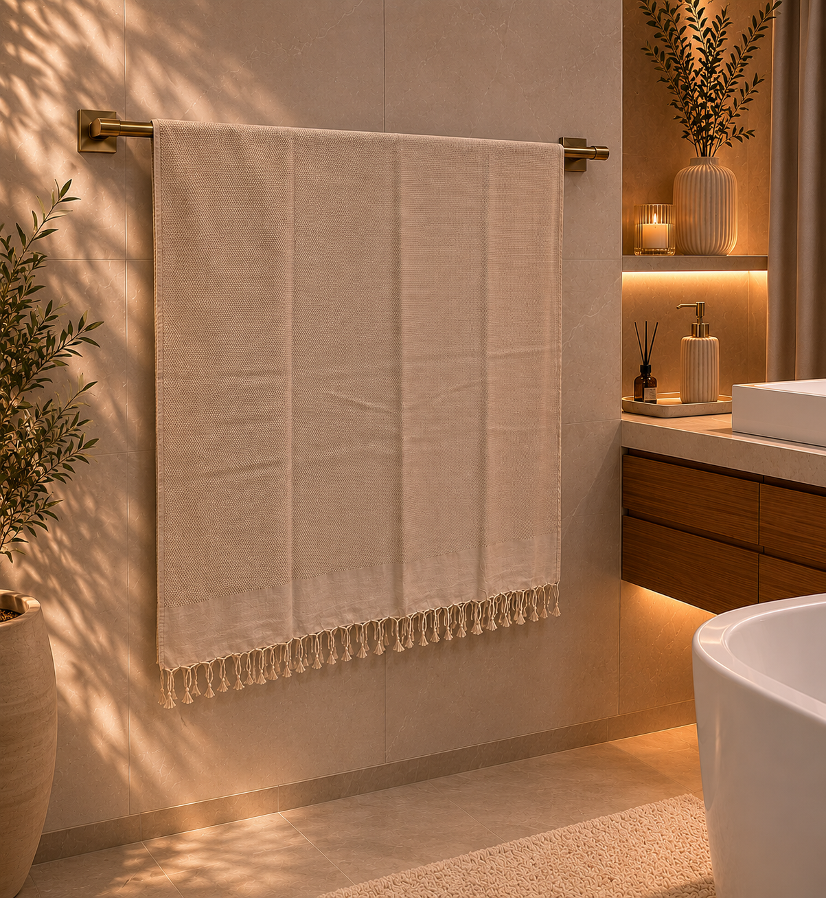 Großes Sauna Badetuch 90x180 cm aus Bio-Baumwolle – Handgewebtes Hamam Tuch Beige | Pamura Home