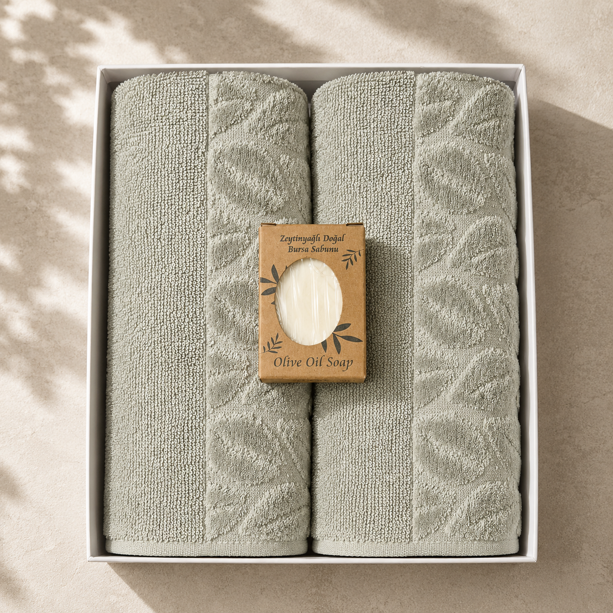 Luxury Baumwoll Handtuch Set (2er) mit Olivenöl-Seife – Spa Gefühl für Zuhause