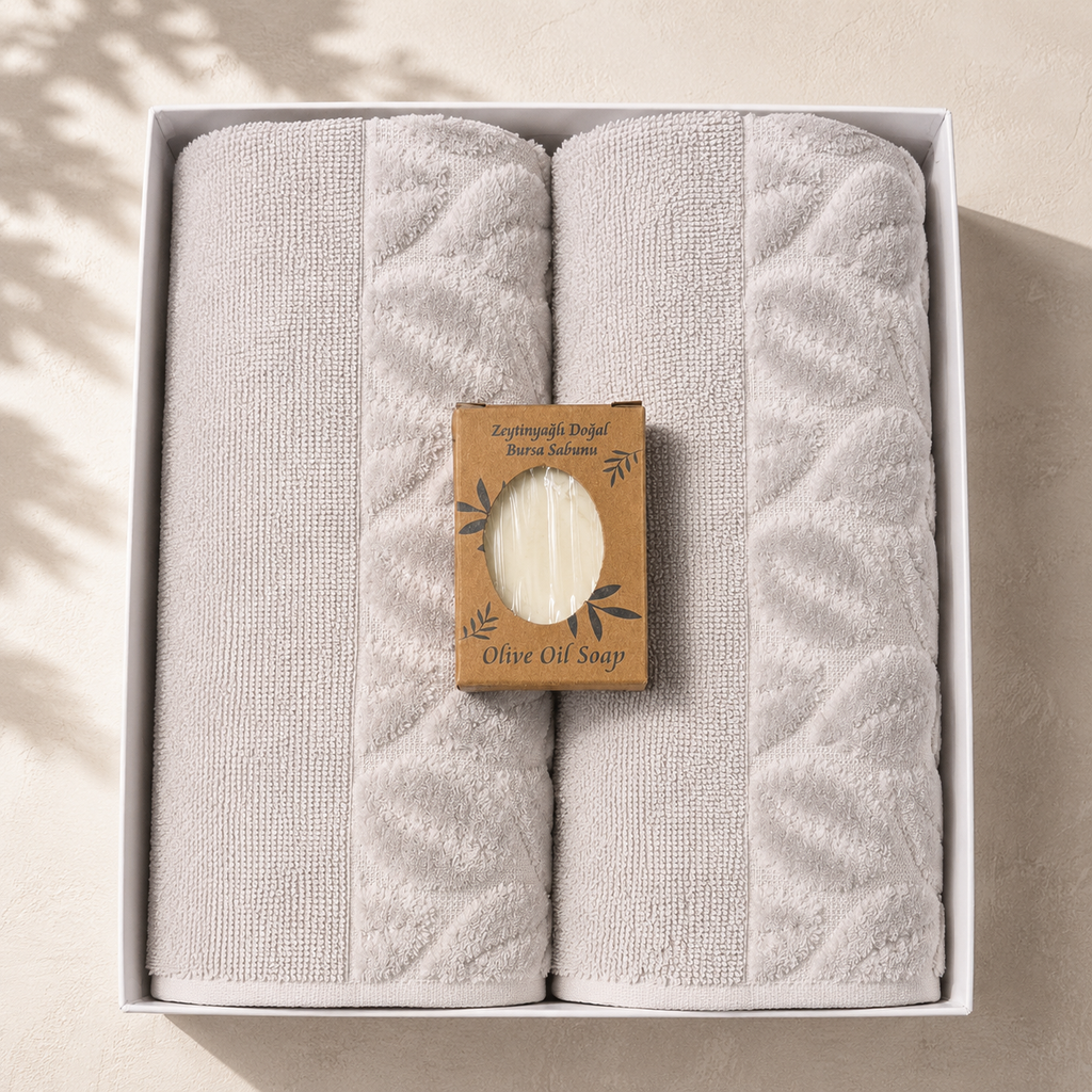 Luxury Baumwoll Handtuch Set (2er) mit Olivenöl-Seife – Spa Gefühl für Zuhause