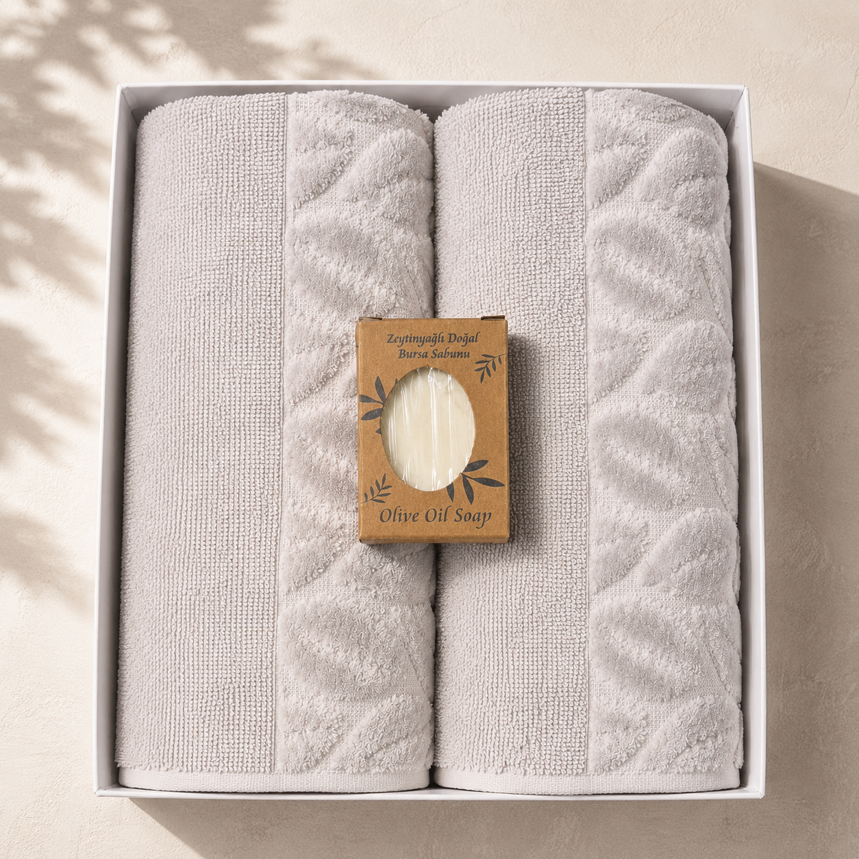 Luxury Baumwoll Handtuch Set (2er) mit Olivenöl-Seife – Spa Gefühl für Zuhause
