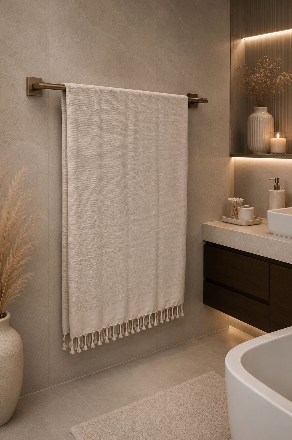Großes Sauna Badetuch 90x180 cm aus Bio-Baumwolle – Handgewebtes Hamam Tuch Beige | Pamura Home
