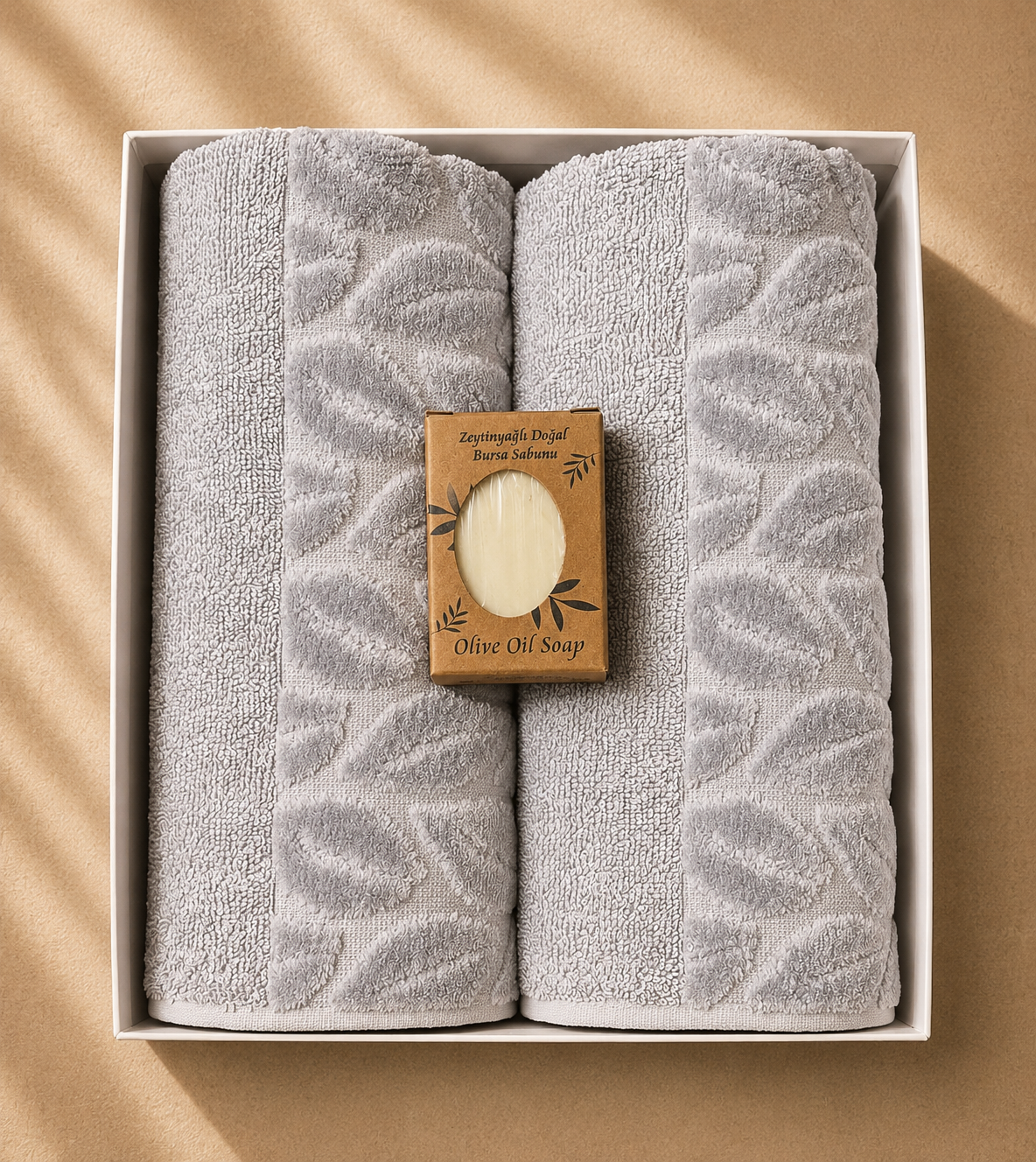 Luxury Baumwoll Handtuch Set (2er) mit Olivenöl-Seife – Spa Gefühl für Zuhause